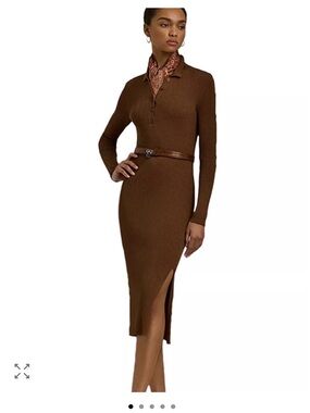 Lauren Ralph Lauren Brown Ribbed Long-Sleeve Midi Dress